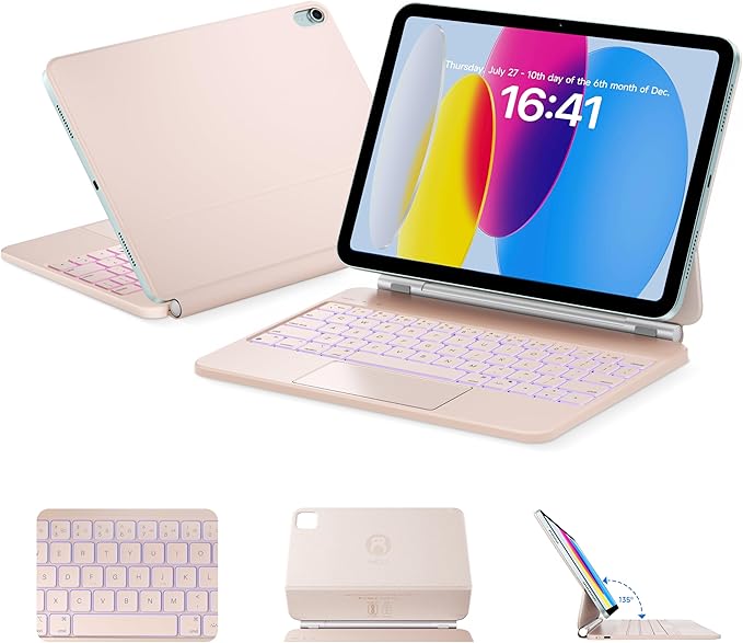 HOU Keyboard Case for iPad A16 11/10, Magnetic Magic-Stand, Floating Design, Durable Spindles, Multi-Touch Trackpad, 7 Colors Backlit, Stain Resistant PU, Bluetooth