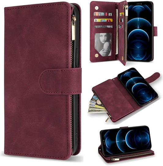 ZZXX for iPhone 12 Pro Max Wallet Case with Card Slot Premium Soft PU Leather Zipper Flip Folio Wallet with Wrist Strap Kickstand Protective for iPhone 12 Pro Max Case Wallet(Wine Red 6.7 inch)