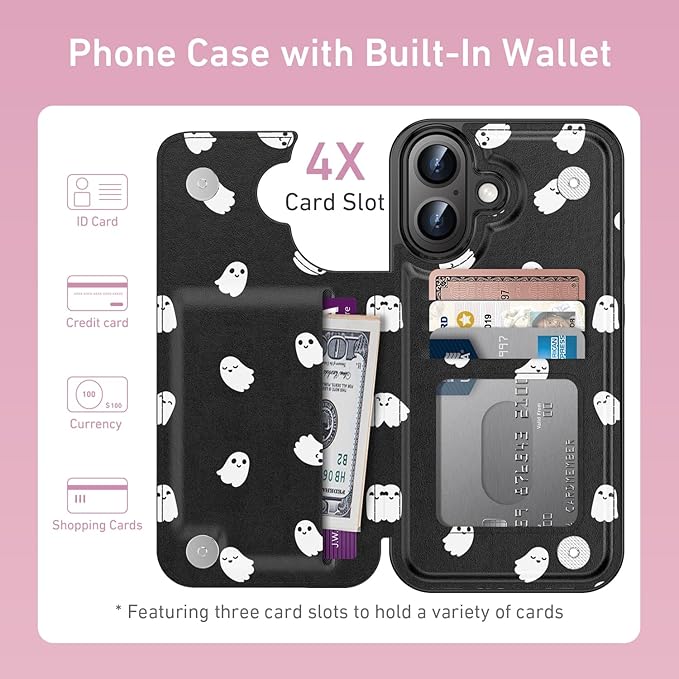 FUNMIKO for iPhone 16 Plus Wallet Case with Card Holder, RFID-Blocking, Military-Grade Protection & UV-Printed Artwork, Magnetic Closure with Leather Kickstand - Cute Ghost