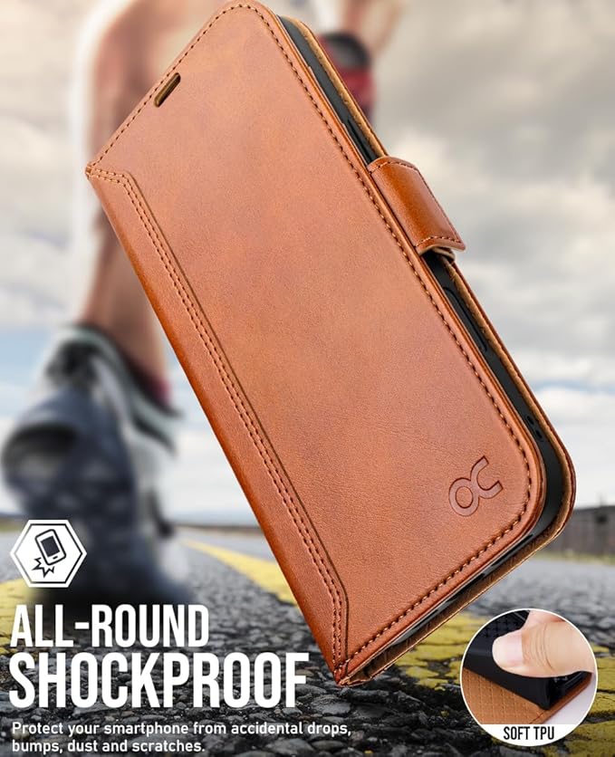 OCASE Compatible with iPhone 16 Wallet Case, PU Leather Flip Folio Case with Card Holders RFID Blocking Kickstand [Shockproof TPU Inner Shell] Phone Cover 6.1 Inch 2024, Retro Brown