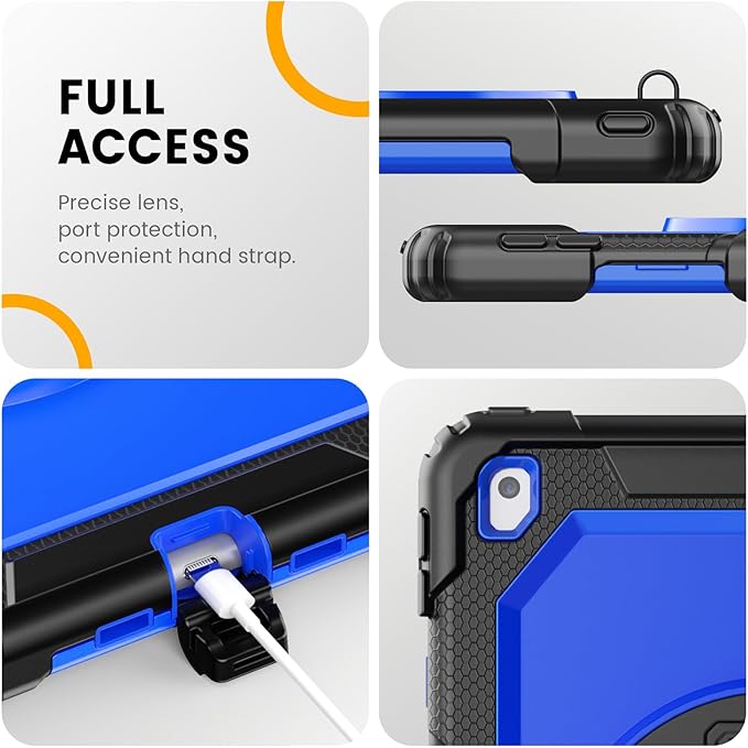Timecity Case for iPad 9th/ 8th/ 7th Generation 10.2 inch - Heavy Duty Protective Cover with Screen Protector, Rotating Stand, Shoulder Strap & Pencil Holder | Kids-Friendly (Dark Blue)