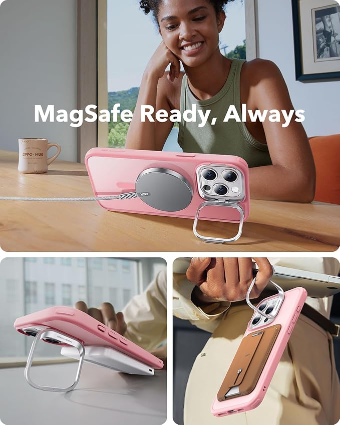 ESR for iPhone 15 Pro Max Case, Compatible with MagSafe, Military-Grade Protective Case, Built-in Stash Stand Phone Case, Scratch-Resistant Back Cover, Classic Series,Frosted Pink
