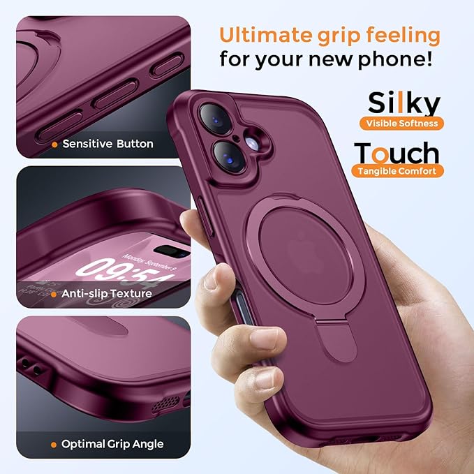 MOCCA Compatible with iPhone 17 Case with Magnetic Invisible Stand [Full Camera Protection] [Compatible with Magsafe] Military Drop Shockproof Translucent Matte Phone Case Cover 6.1",Wine Red
