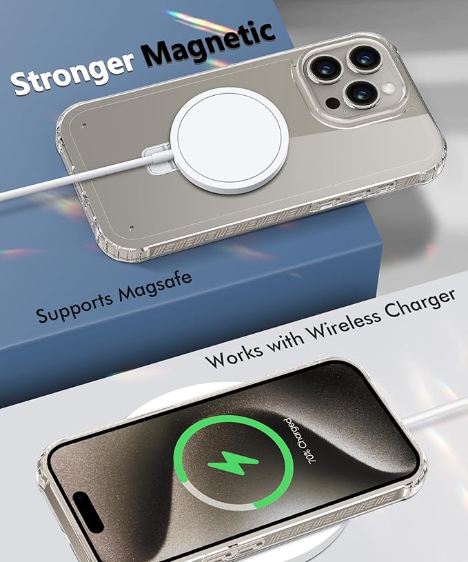 Compatible with iPhone 15 Pro Max Case, Built-in Screen Protector & Seamless Stand, with Camera Lens Protector, Strong Magnetic Clear Phone Case, Full Body Protective Cover for 6.7" (Clear)