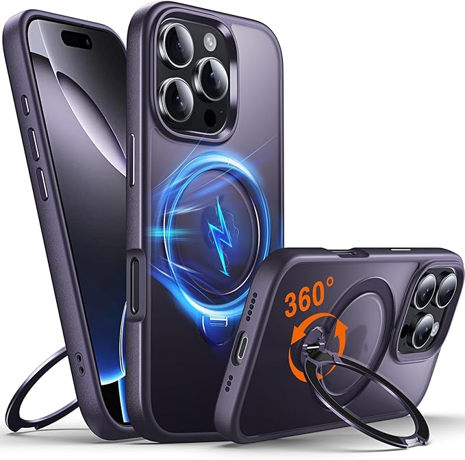 360° O-Ring MagStander for iPhone 16 Pro Case with Magnetic Kickstand Ring Holder [Compatible with MagSafe][360°Rotate Stand Ring][Military Shockproof] iPhone 16 Pro Phone Cover Matte Purple