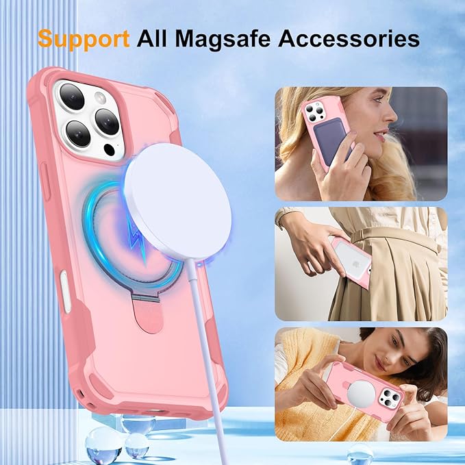 Compatible with iPhone 16 Pro max Case with Invisible Magnetic Ring Stand [Compatible with Magnetic] [Military Drop Protection] ShockProof Slim Hard Back Soft Edge Promax Case 6.9 Inch, Pink