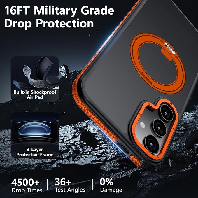 360°Spin Magnetic Stand for Samsung Galaxy S25 Case, [Compatible with Magsafe] Military Grade Drop Protection, Matte Hard Slim S25 Phone Case with Kickstand & Ring Holder (Orange)