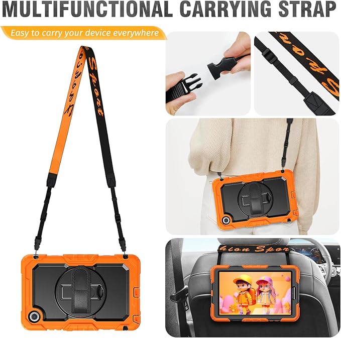 HXCASEAC Case for Lenovo Tab One/Tab K9 2025 (TB-305FU) 8.7 inch, with Screen Protector/Rotating Hand Strap/Sturdy Stand, Protective Cover for Lenovo one Tablet - Orange