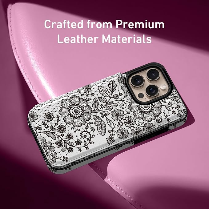 FUNMIKO for iPhone 16 Pro Max Wallet Case with Card Holder, RFID-Blocking, Military-Grade Protection & UV-Printed Artwork, Magnetic Closure with Leather Kickstand - Graceful Lace Floral
