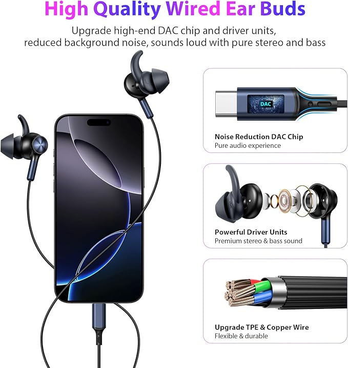 APETOO Wired Ear Buds Running USB-C Headphone w/Anti Fall/Hurt Wingtips for Outdoor/Indoor, Hands-Free Call, Pure Stereo Bass, Noise Isolating in-Ear Earbuds for iPhone 17 16/iPad/Galaxy S25/Android