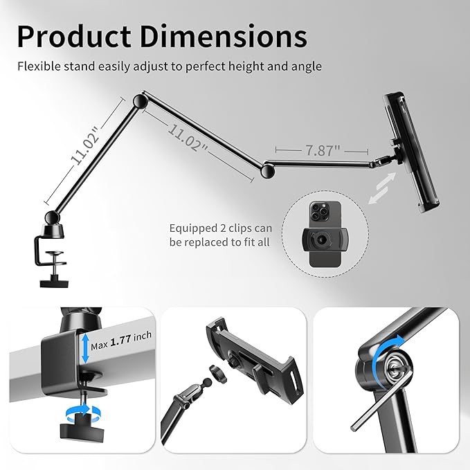 LULULOOK iPad Stand for Desk, Aluminum Alloy Arm Mount, Adjustable Holder Stand for iPad Pro 12.9/iPad mini Air, Samsung Galaxy, iPhone, Kindle, Portable Monitor Tablet 4.7"-13"(2 Clips)