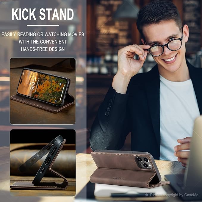 for iPhone 14 Pro Max Case, Flip Wallet Leather Case with Card Holder Magnetic Closure Shockproof Kickstand Protective Phone Cases Cover for iPhone 14 Pro Max, Coffee