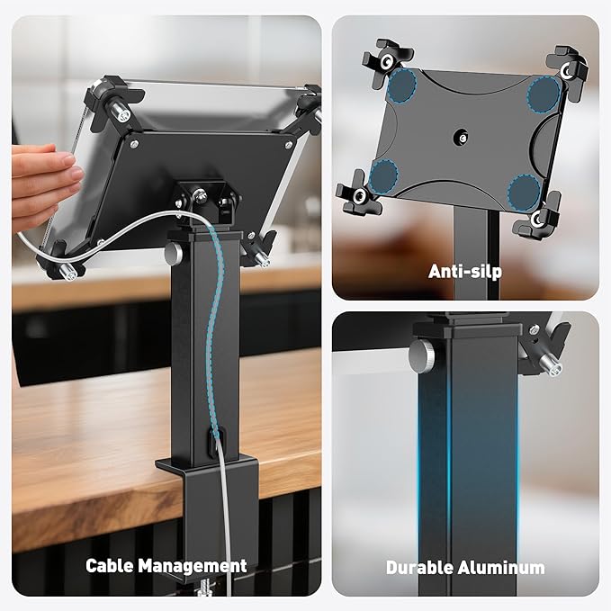AboveTEK iPad Clamp Mount Desk, Adjustable Tablet Holder Clamp with 360° Rotation & 180° Tilt, Fits 9.7"-13" Tablets, Anti-Theft iPad Desk Stand, Heavy-Duty Aluminum Tablet Stand, Perfect for Work