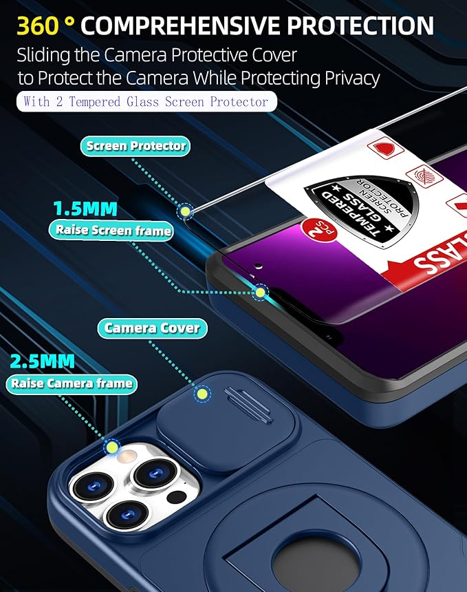 for iPhone 12 Pro Max Case Compatible with MagSafe Magnetic,with 2 Screen Protector,with Camera Cover&360°Kickstand Ring,Military Grade Drop Shockproof Heavy Duty Protection Phone Bumper Blue