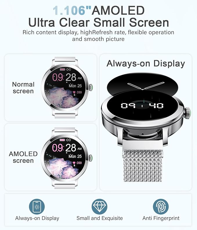 Smart Watches for Women, 1.106" AMOLED Small Screen Smartwatch Answer/Make Call for Android iOS Phones, IP68 Waterproof Fitness Activity Tracker with Heart Rate Sleep Monitor SpO2, Silver