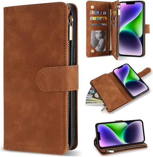 ZZXX for iPhone 14 Plus Case Wallet with [RFID Blocking] Card Slot Premium Soft PU Leather Zipper Flip Folio with Wrist Strap Kickstand Protective Cover for iPhone 14 Plus Wallet Case(Brown-6.7 inch)