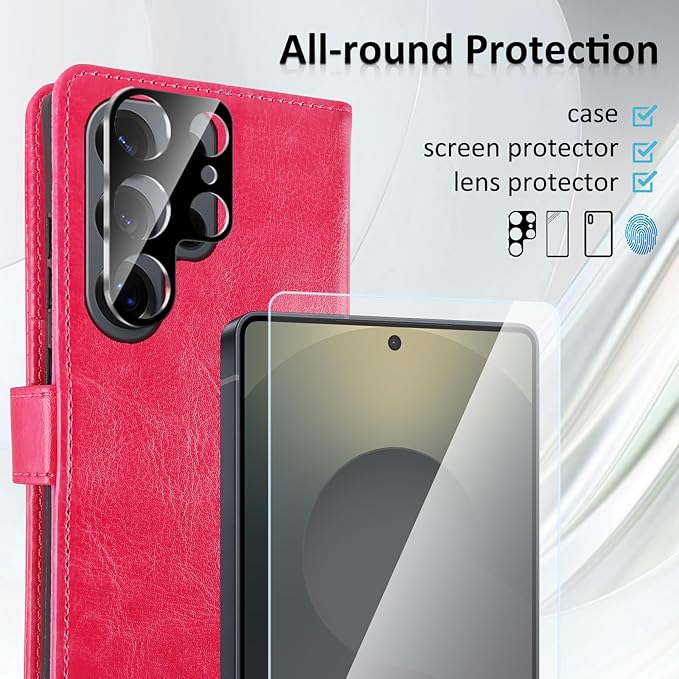MONASAY Wallet Case Fit for Samsung Galaxy S25 Ultra 6.9 inch, [Lens & Glass Screen Protector Included] [RFID Blocking] Flip Folio Leather Cell Phone Cover with Credit Card Holder, Hot-Pink