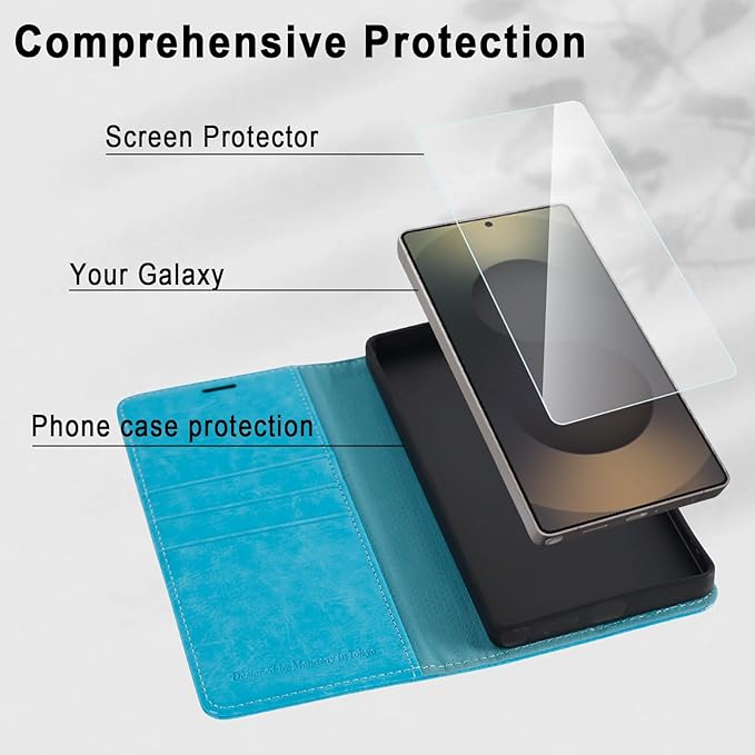 MONASAY Wallet Case Fit for Samsung Galaxy S25 Ultra 6.9 inch, [Lens & Glass Screen Protector Included] [RFID Blocking] Flip Folio Leather Cell Phone Cover with Credit Card Holder, Light Blue