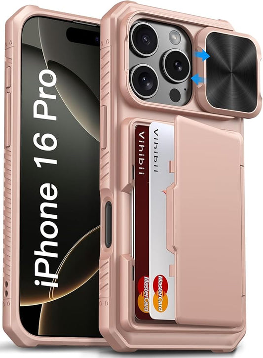 Vihibii for iPhone 16 Pro Case Wallet with Card Holder (4 Cards) [RFID Blocking] & Slide Camera Cover, Military Grade Drop Protection, Rugged Back & Silicone Edge Phone Cover, 6.3" 2024, Rose Gold