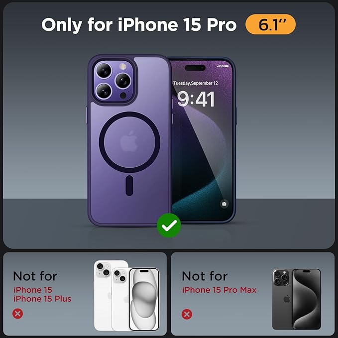 Miracase Magnetic for iPhone 15 Pro Case 6.1 inch (Compatible with MagSafe)（with 2X Screen Protectors） Military-Grade Protection, Anti-Fingerprint Translucent Matte Phone Cover, Dark Purple
