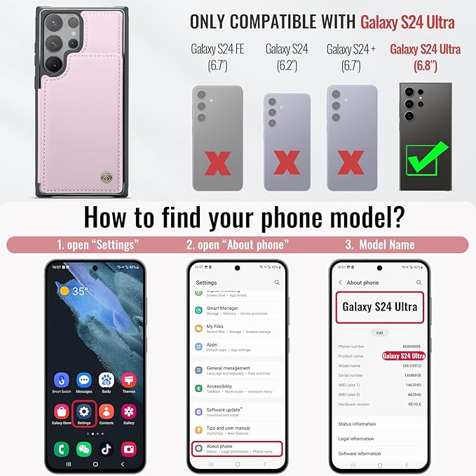 Vinich for Samsung Galaxy S24 Ultra Wallet Case with Card Holder, RFID Blocking Credit Slots Kickstand Shockproof Phone Cover for Women Men, Pink