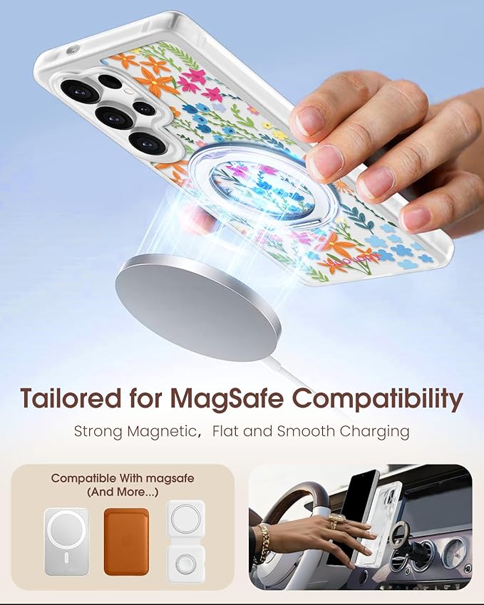 for Samsung Galaxy S25 Ultra Case with 360° Rotatable Magnetic Ring - Compatible with MagSafe, Semi-Transparent Soft-Touch Material Shockproof, Cute Colors Flower Design for Women Girl