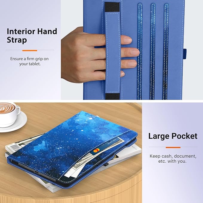 MoKo Case for Samsung Galaxy Tab A9 Plus 11" 2023 (SM-X210/SM-X216/SM-X218), PU Leather Multi-Angle Viewing Folding Stand Cover Case with Hand Strap, Front Pocket, Auto Wake/Sleep, Blue Starry Sky