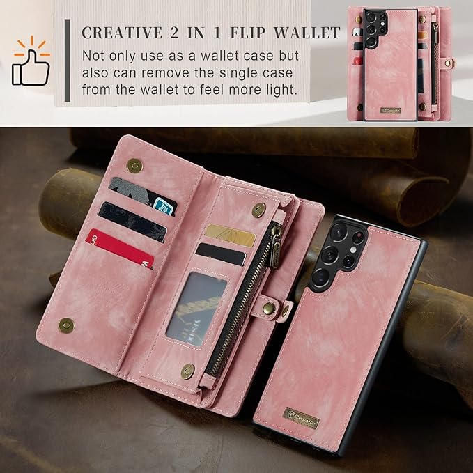 SZHAIYU 2 in 1 Detachable for Samsung Galaxy S23 Ultra Wallet Case with Card Holder, Retro Premium Flip Leather Cover Magnetic Zipper Pocket Phone Cases 6.8'' (Pink,S23 Ultra)