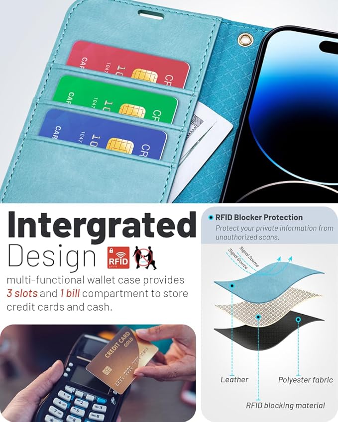 OCASE Compatible with iPhone 15 Wallet Case, PU Leather Flip Folio Case with Card Holders RFID Blocking Kickstand [Shockproof TPU Inner Shell] Phone Cover 6.1 Inch 2023, Mint Green