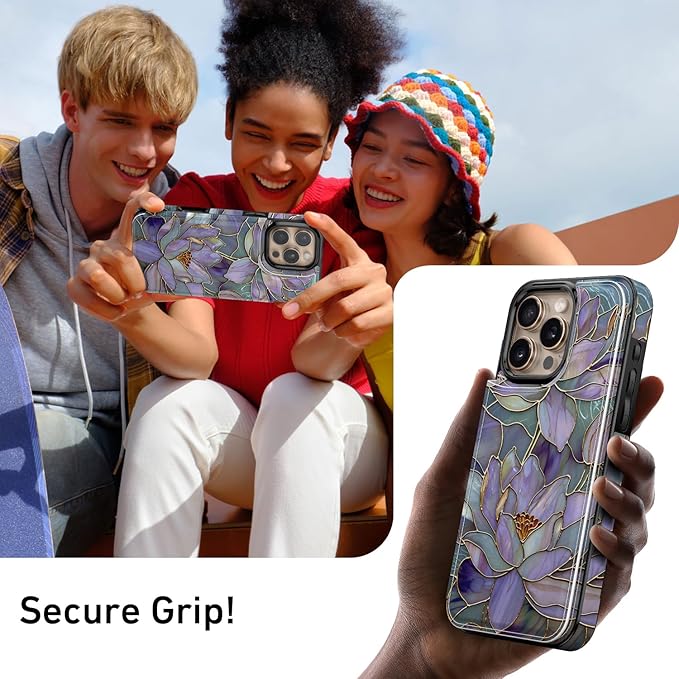 FUNMIKO for iPhone 16 Pro Wallet Case with Card Holder, RFID-Blocking, Military-Grade Protection & UV-Printed Artwork, Magnetic Closure with Leather Kickstand - Dreamy Lotus