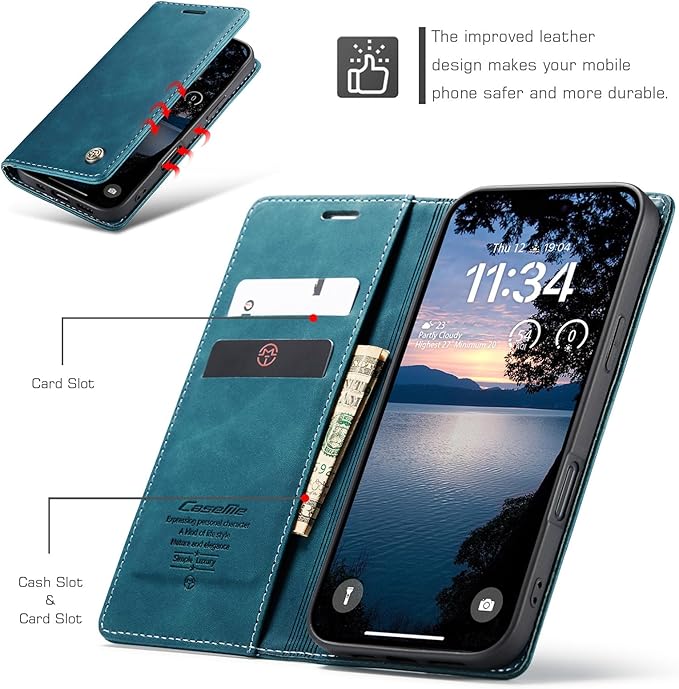 for iPhone 17 Pro Max Case, Flip Wallet Leather Case with Card Holder Magnetic Closure Shockproof Kickstand Protective Phone Cases Cover for iPhone 17 Pro Max, Blue-Green