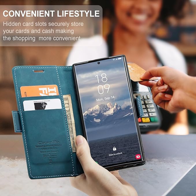 for Samsung Galaxy S24 Ultra Case, Flip Wallet Leather Case with Card Holder Magnetic Closure Shockproof Kickstand Protective Phone Cases Cover for Galaxy S24 Ultra 5G Cover,Blue-Green