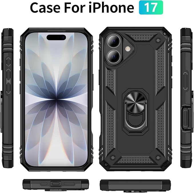 ADDIT Compatible with iPhone 17 Case with Tempered Glass Screen Protector, Adjustable Kickstand Ring, Military-Grade Heavy Duty Protection, Shockproof, Anti-Fingerprint, Black