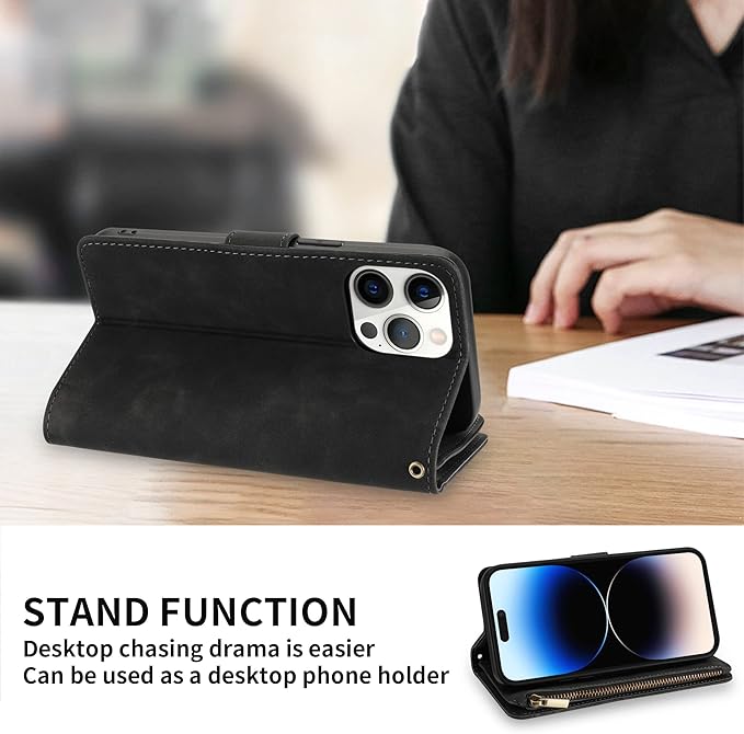 ZZXX for iPhone 14 Pro Max Case Wallet with [RFID Blocking] Card Slot Soft PU Leather Zipper Flip Folio with Wrist Strap Kickstand Protective Cover for iPhone 14 Pro Max Wallet Case(Black-6.7 inch)