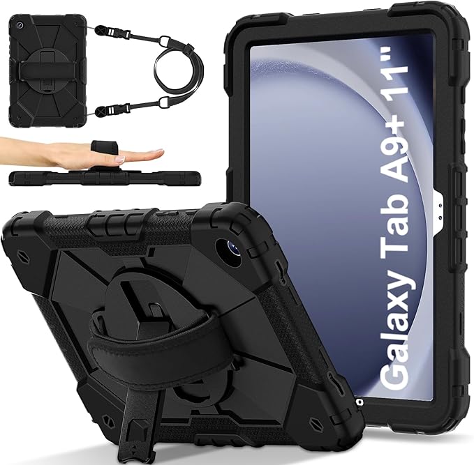 for Samsung Galaxy Tab A9 Plus 11 Inch 2023 (SM-X210/X216/X218), Heavy Duty Hard PC Soft Silicone Rugged Protective Kickstand Shoulder Strap Handle Grip Case for Samsung A9 Plus 11 Inch 2023