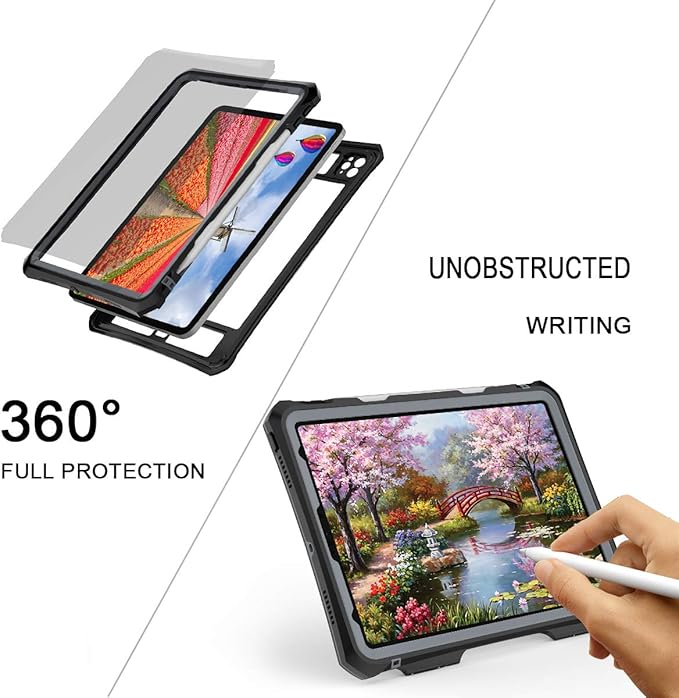for iPad Pro 11 Case - Black Waterproof Case for iPad Pro 11 Inch 2020 2021 2022 New Clear Full Body Protection Bumper Case Shockproof Dustproof with Ring Stand Strap Built in Pen Holder