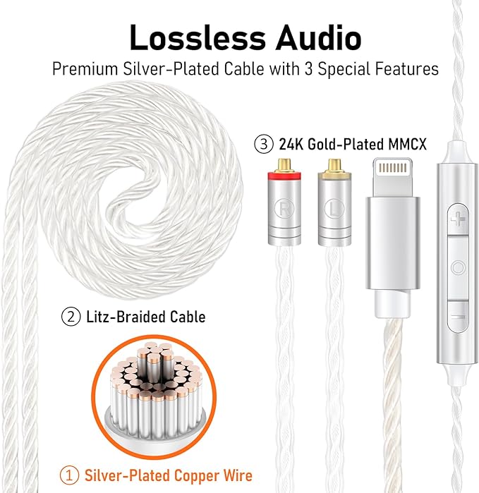 Vibes 202ML Wired Earbuds - HiFi in Ear Headphones - Noise-Isolating Ear Buds w/ Mic - Clear Sound, Deep Bass, Comfort-Fit Earphones - MMCX–Lightning for iPhone 5–14, Silver Plated Cord, Carrying Case