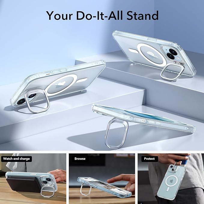 ESR for iPhone 15 Case, Compatible with MagSafe, Military-Grade Protective Case, Built-in Stash Stand Phone Case, Scratch-Resistant Back Cover, Classic Series, Clear Blue
