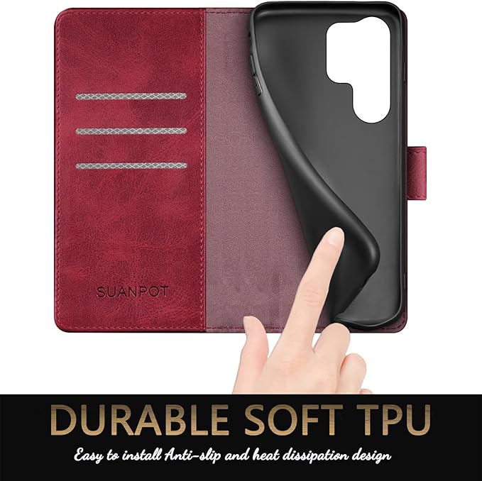 SUANPOT Compatible with Samsung Galaxy S25 Ultra Wallet case with RFID Blocking Credit Card Holder,Flip Book PU Leather Protective Cover Women Men for Samsung S25 Ultra Phone case Red