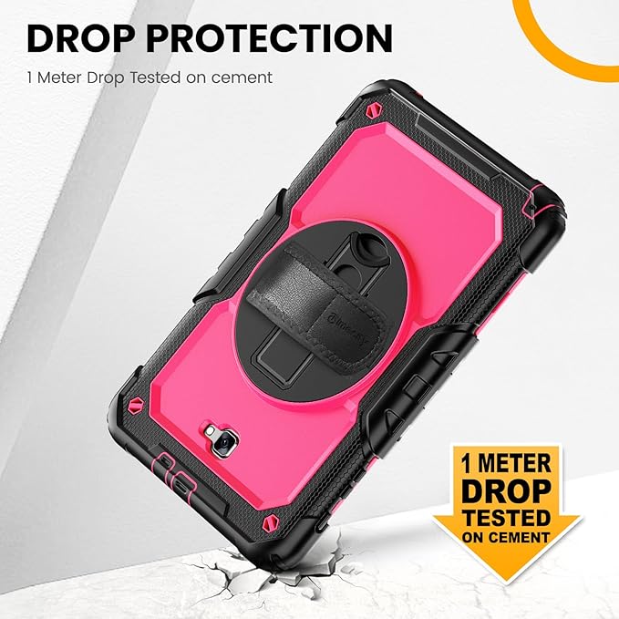 Timecity Case for Galaxy Tab A 10.1 2016 Release (SM-T580 T585 T587), Heavy Duty Protection Case with Screen Protector, Swivel Stand, Hand Strap and Shoulder Strap Stylus Holder - Rose