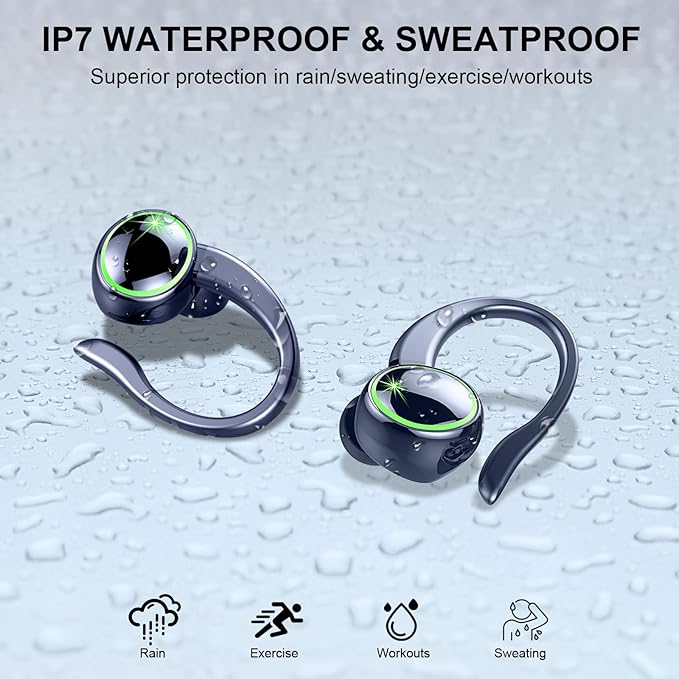 Wireless Earbuds, Bluetooth 5.4 Headphones Sports, 50H Playback Over-Ear Buds with ENC Noise Cancelling Mic, Deep Bass Fitness Earphones with Earhooks, IP7 Waterproof Headset for Running, Blue