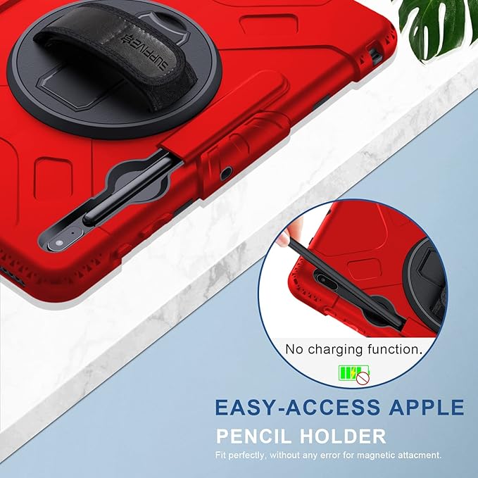SUPFIVES Case for Samsung Galaxy Tab S7 FE 12.4 Inch 2021 : [Upgraded Military Grade] Full-Body Rugged Protective Soft Silicone Cover - Kick Stand- Handle/Shoulder Strap- S Pen Holder- Red
