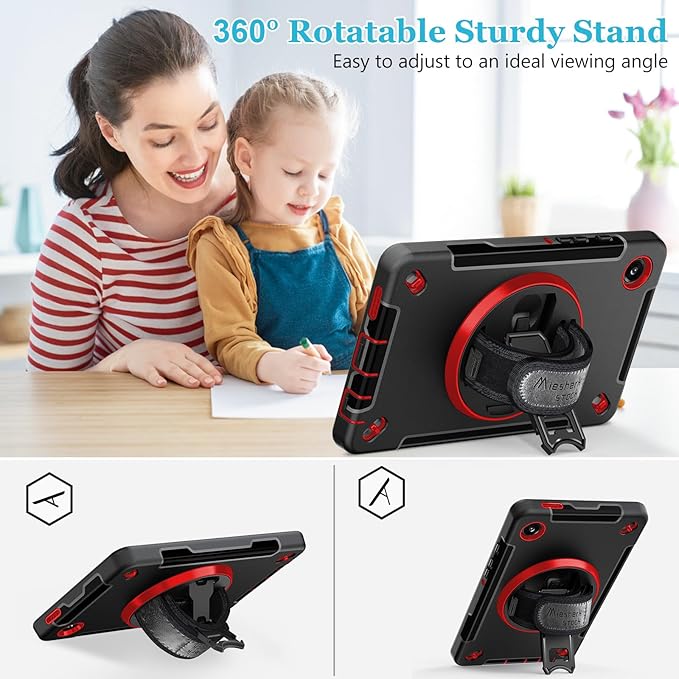 Case for Galaxy Tab A9 Plus 5G 2023: Heavy Duty TPU Cover for Samsung Tablet A9+ 11 Inch with Stand - Handle - Shoulder Strap -S-Pen Holder- Red Black