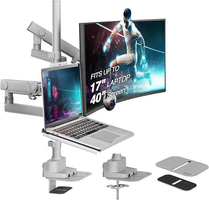 AVLT Laptop & 40 Inch Monitor Arm Pole Top Mount with USB-C USB-A Ports-Gray, VESA Compatible, Supports 26.4 lbs (12 kg), Ultrawide Screen Fit, Adjustable Height, Tilt Swivel Rotate, Cable Management