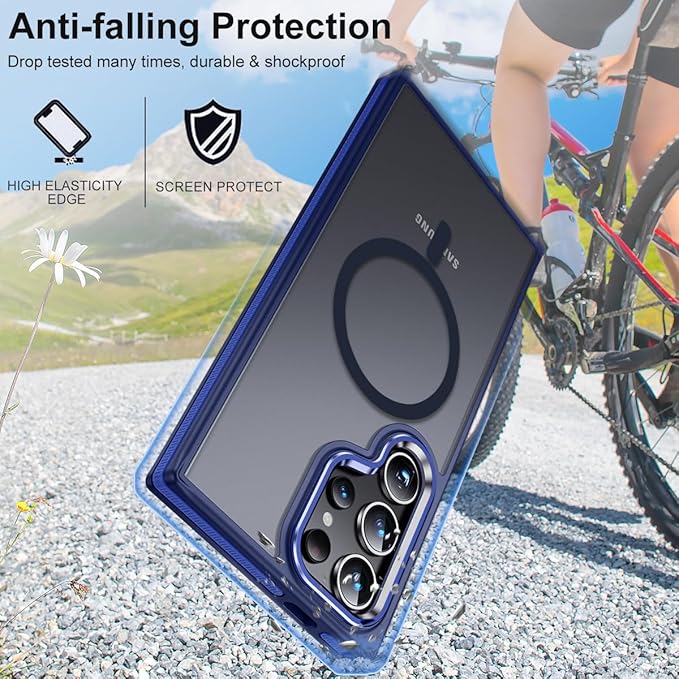 for Samsung Galaxy S24 Ultra Case, Magnetic Phone Case Compatible with Magsafe, Metal Camera Bezel Drop Protection Silky Translucent Back Cover for Galaxy S24 Ultra 5G (Darkblue)