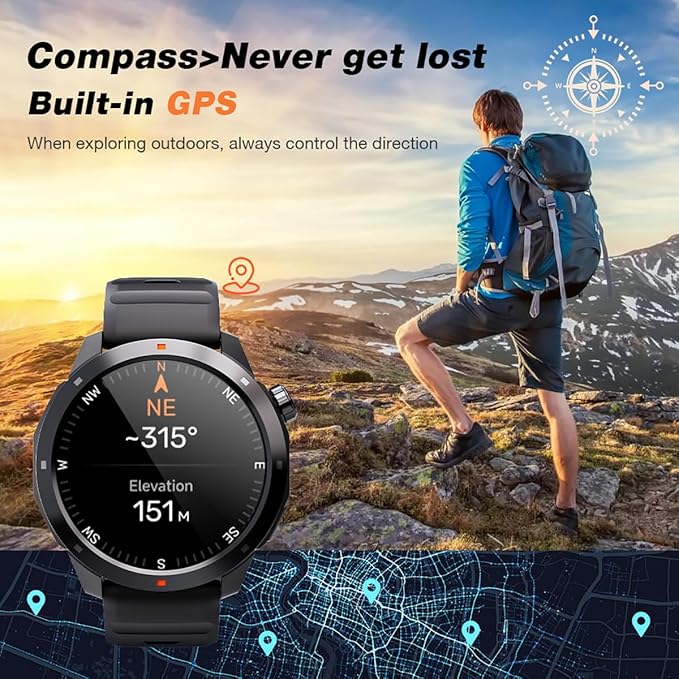 GPS Smart Watch for Men, 1.43'' AMOLED Smartwatch with Compass/Barometer/Altimeter, Heart Rate/Sleep Monitor, 30M Waterproof, 60+ Sports Fitness Tracker for Android/iOS, Gray & Orange (2 Bands)