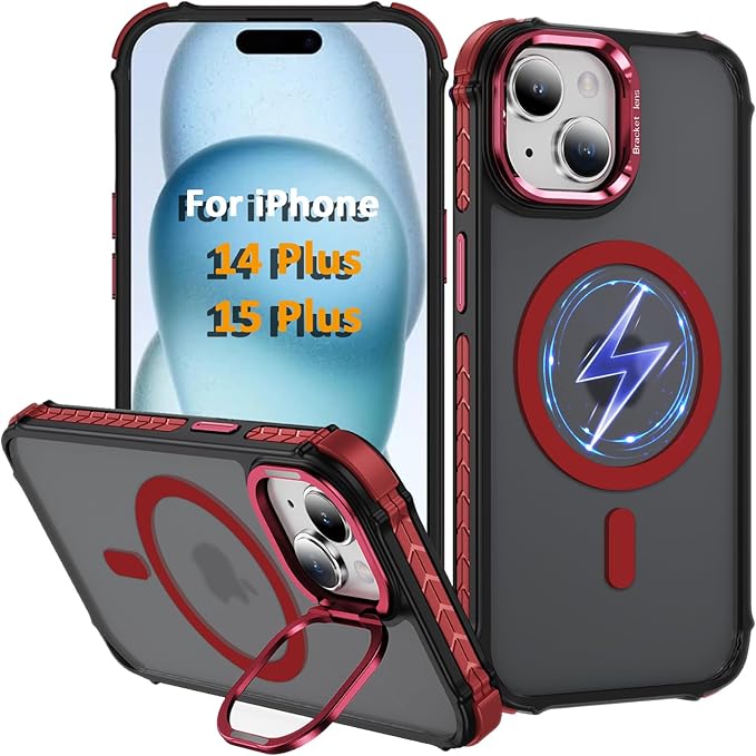 Magnetic for iPhone 15 Plus Case/iPhone 14 Plus Case Red with MagSafe Wireless Charging Military-Grade Shockproof Protection Adjustable Kickstand Slim Matte Anti-Fingerprint Cover Men Women