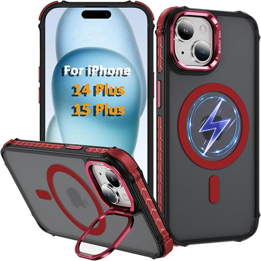 Magnetic for iPhone 15 Plus Case/iPhone 14 Plus Case Red with MagSafe Wireless Charging Military-Grade Shockproof Protection Adjustable Kickstand Slim Matte Anti-Fingerprint Cover Men Women