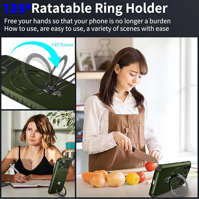 for iPhone 16 Pro Case Magnetic Compatible with MagSafe Wireless Charging,with 2 Screen Protector,with Kickstand Ring Shockproof Shock-Absorbent Heavy Duty Protection Scratch Resistant Green