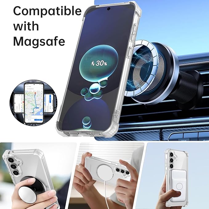 for Samsung Galaxy S24 FE Case Magnetic Compatible with MagSafe,with 2 Screen Protector,Built-in Camera Cover+Stand Ring,Military Grade Drop Shockproof Heavy Duty Protection Phone Bumper Clear